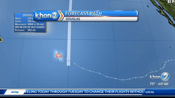 Hướng đi được dự báo của bão Douglas. Ảnh: KHON2 News.