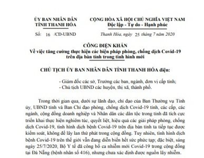 Thanh Hóa ra công điện khẩn để phòng chống dịch COVID-19. Ảnh: Quách Du