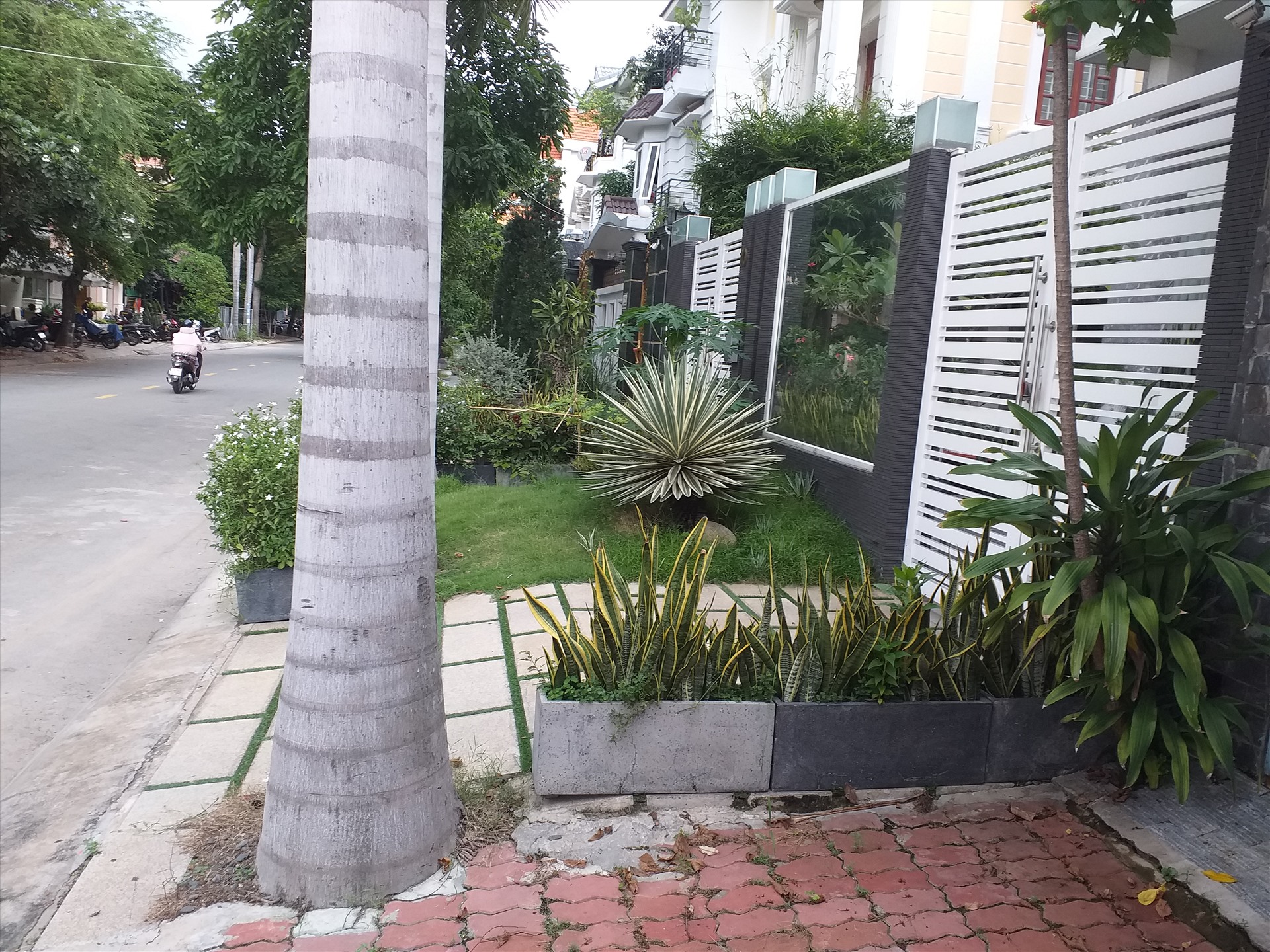 ẢNH CHỤP PHÍA TRƯỚC SỐ NHÀ 10, 12 TRÊN ĐƯỜNG SỐ 17, PHƯỜNG AN PHÚ, QUẬN 2, KHI CÁC HỘ DÂN NÀY CHIẾM LUÔN PHẦN VỈA HÈ PHÍA TRƯỚC ĐỂ QUY HOẠCH THÀNH VƯỜN TRỒNG HOA CẢNH, THẢM CỎ.