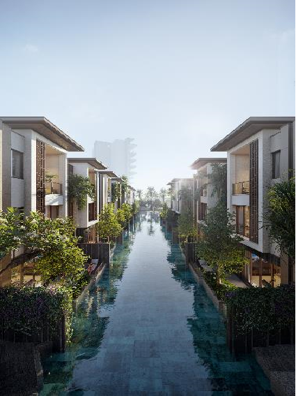 24 biệt thự Sông Thu – Row Villa có hồ bơi trải dài sau hiên nhà. Biệt thự được thiết kế loại bỏ góc nhìn trực tiếp từ bên ngoài, đảm bảo sự riêng tư
