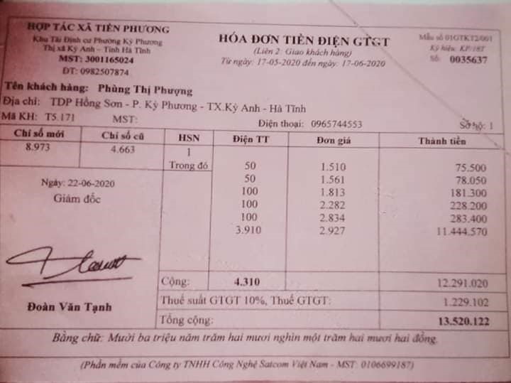 Hóa đơn tiền điện tháng 6 của chị V. tăng gấp gần 200 lần so với tháng 5. Ảnh: TT.