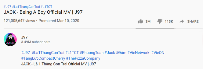 Ca khúc của Jack đang dần đuổi kịp Sơn Tùng M-TP. Ảnh: Chụp màn hình