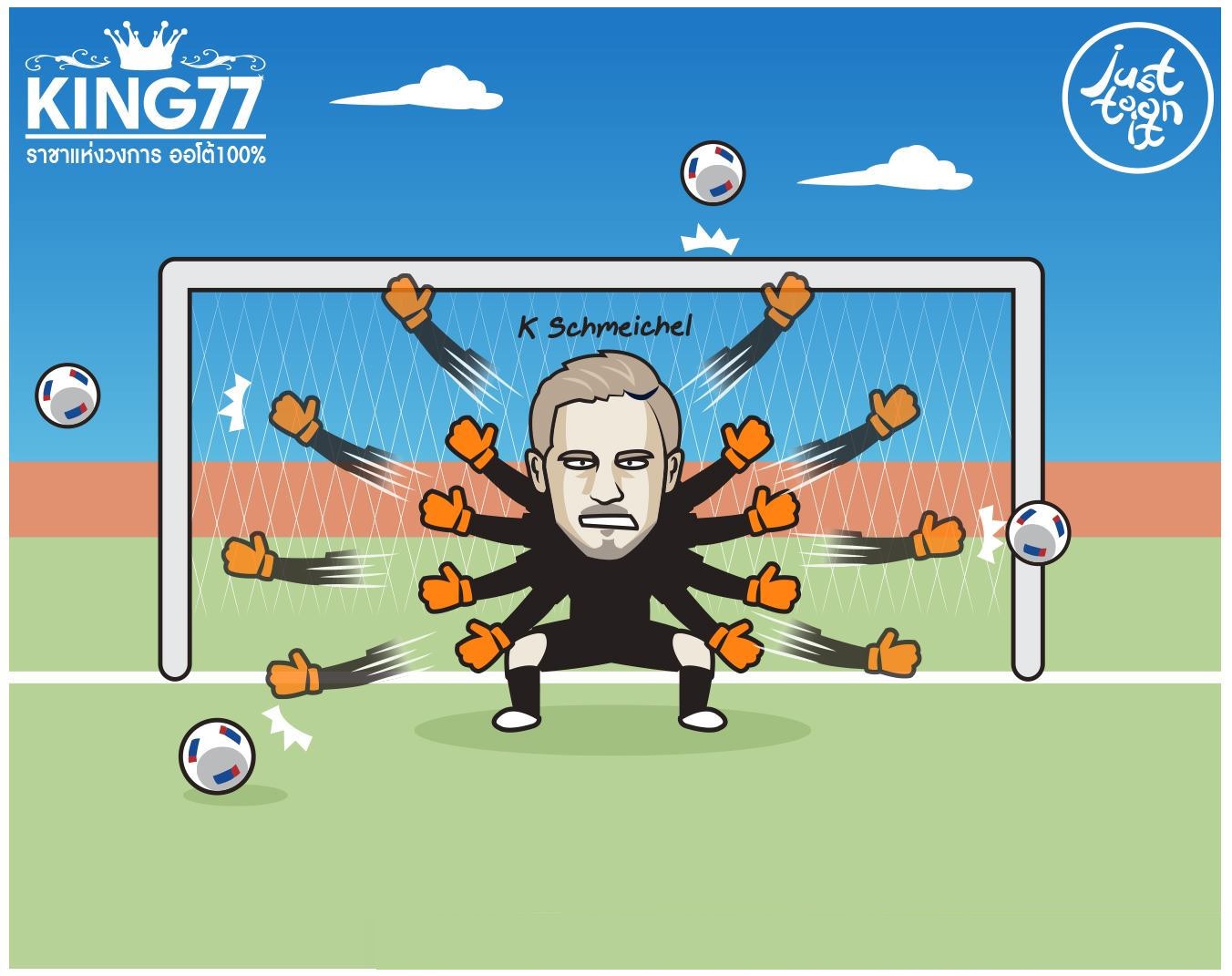 Trong một ngày thi đấu như lên đồng, thủ môn Schmeichel liên tục có những pha cứu thua cho đội nhà, giúp Leicester đứng vững trước những pha hãm thành liên tục của Arsenal. Ảnh Justtoonit