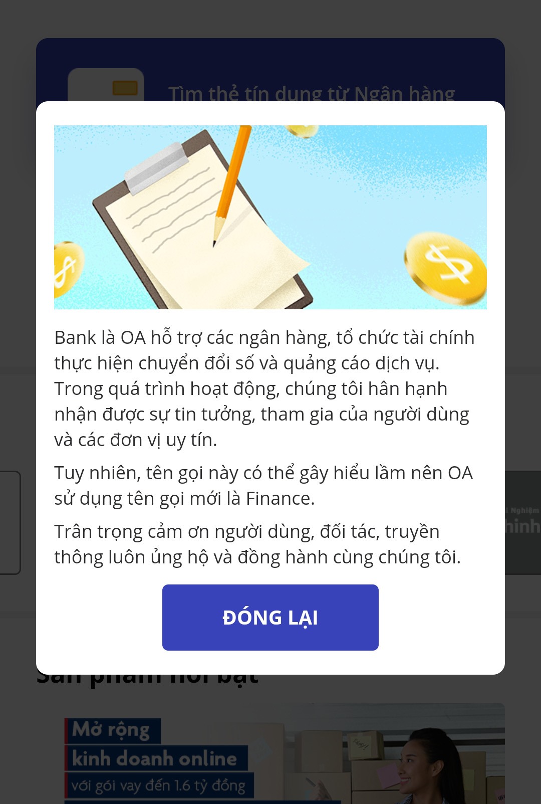Thông báo thay đổi tên Zalo Bank thành Finance @ Zalo. Ảnh: L.D