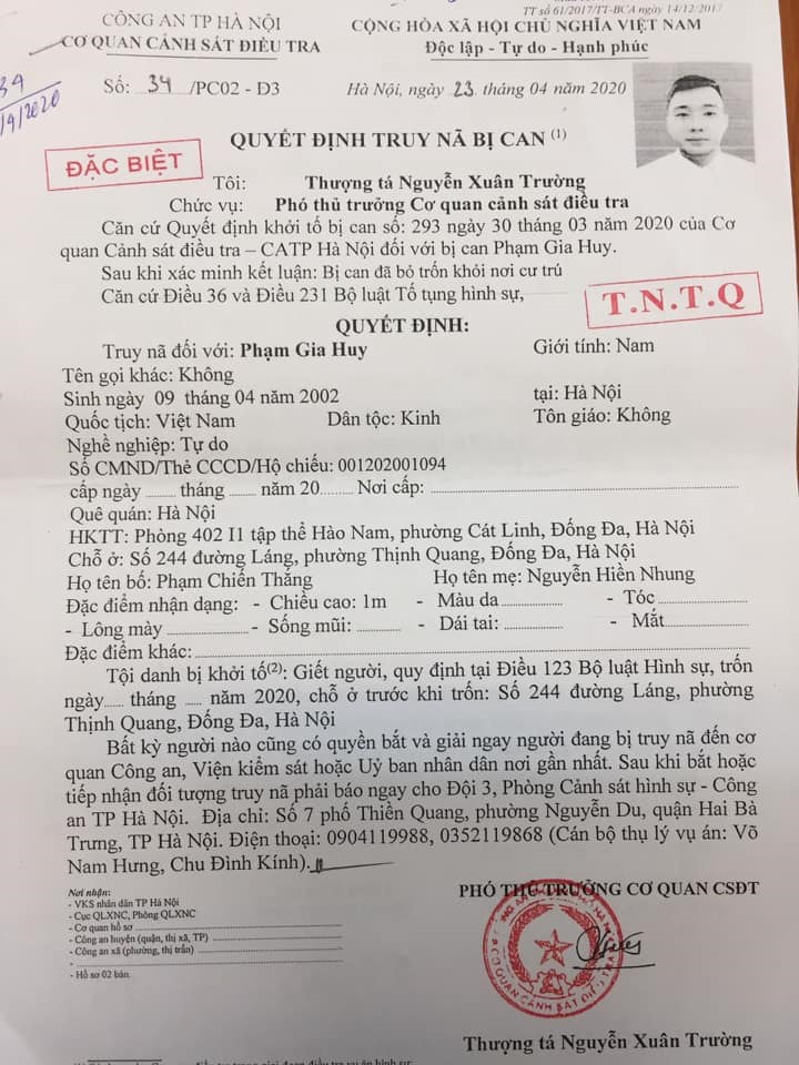Quyết định truy nã của cơ quan công an với đối tượng Phạm Gia Huy. Ảnh: Công an Hà Nội