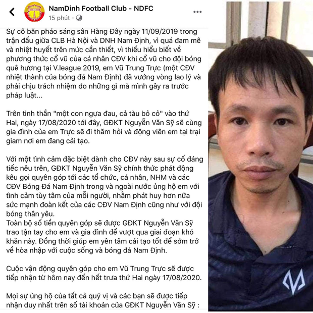 Lời kêu gọi trên trang fanpge của Nam Định đã bị xoá đi sau đó.