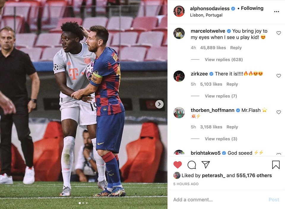 Davies nhận lời khen từ hậu vệ trái nổi tiếng của Real Madrid, Marcelo. Ảnh: Instagram