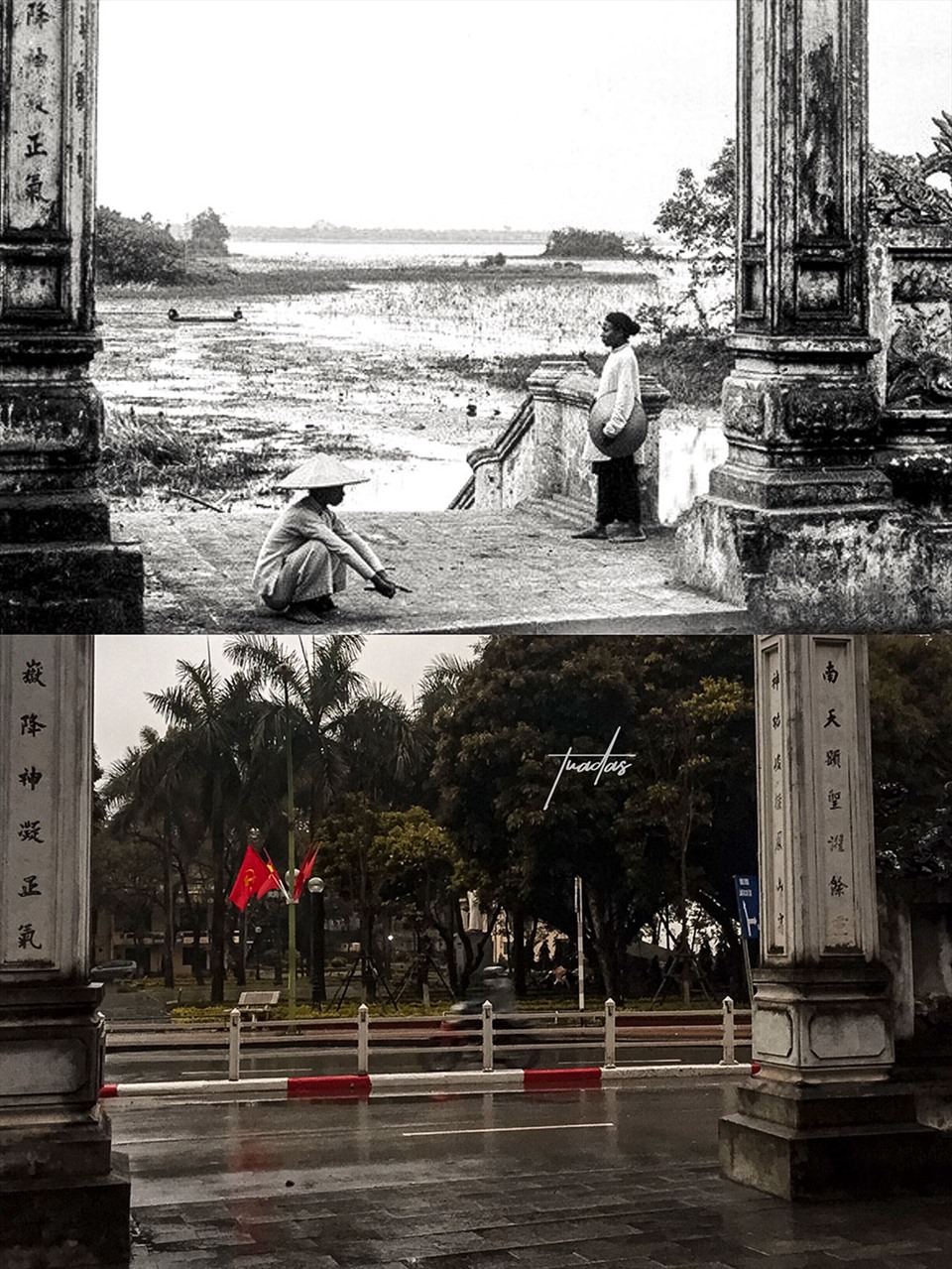 Trước Đền Quán Thánh 100 năm trước - 2020. Bức ảnh được Das cho là ấn tượng bởi sự thay đổi nhiều nhất.
