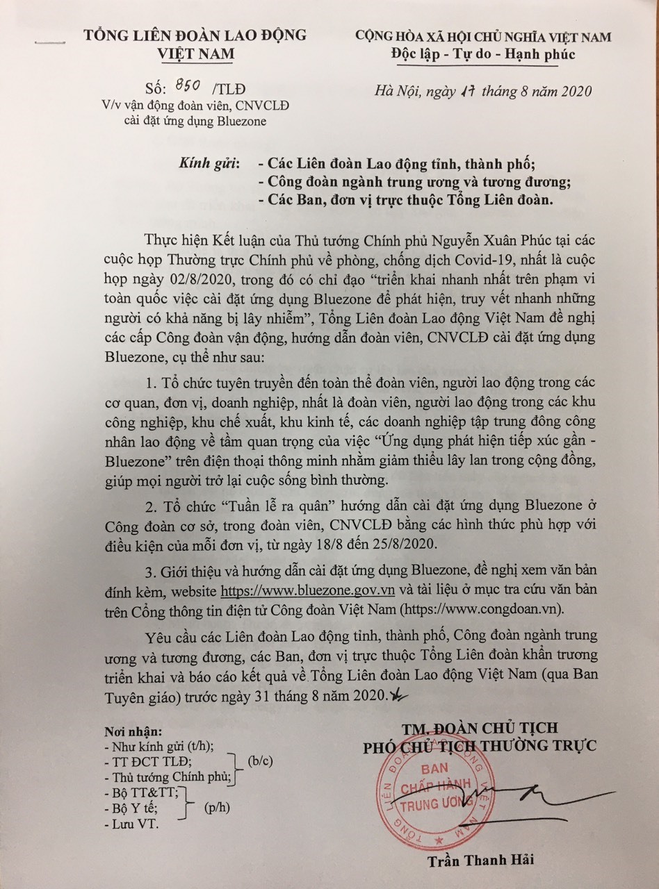Văn bản số 850/TLĐ của Tổng Liên đoàn Lao động Việt Nam. Ảnh: Bộ Thông tin và Truyền thông.