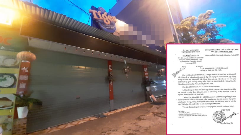 Quán ăn nơi xảy ra sự việc và văn bản chỉ đạo của UBND Thành phố Bắc Ninh. Ảnh: V. Liễu