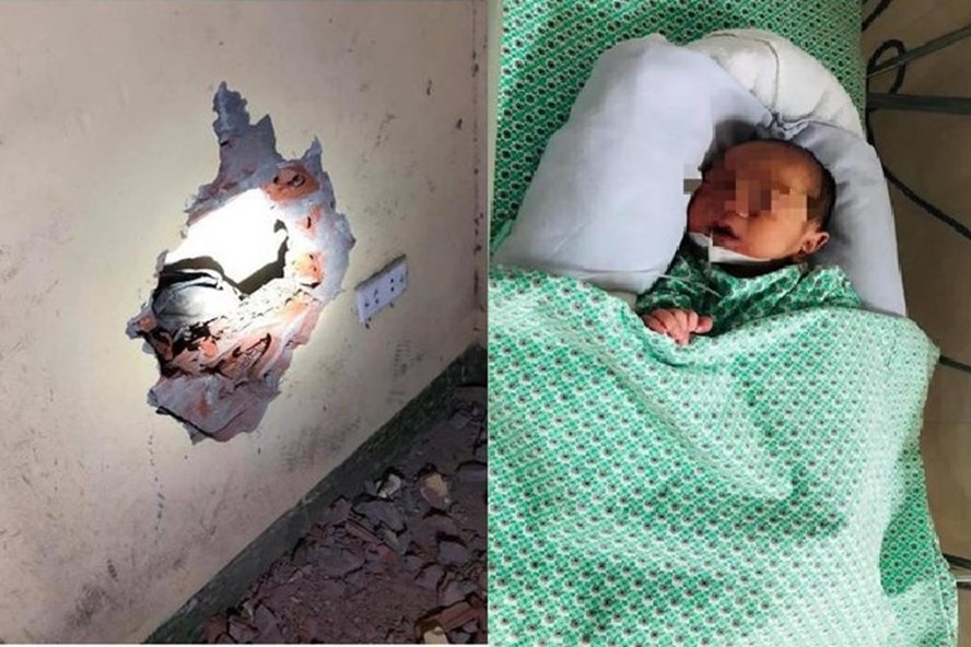 Bé trai sơ sinh bị bỏ rơi ở khe tường đã được cứu sống kịp thời. Ảnh: Bệnh viện cung cấp
