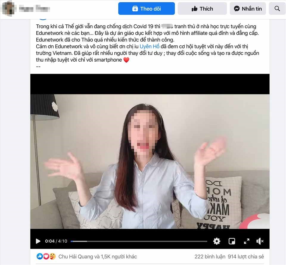 N.T đăng video về Edunetwork trên trang fanpage hơn 2,7 triệu lượt theo dõi. Ảnh: Trần Tuấn.