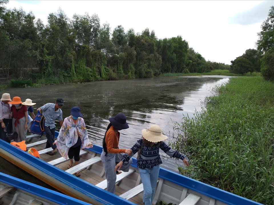 Du khách phải đi thuyền vào Trung tâm Nghiên cứu bảo tồn và phát triển dược liệu Đồng Tháp Mười. Ảnh: K.Q