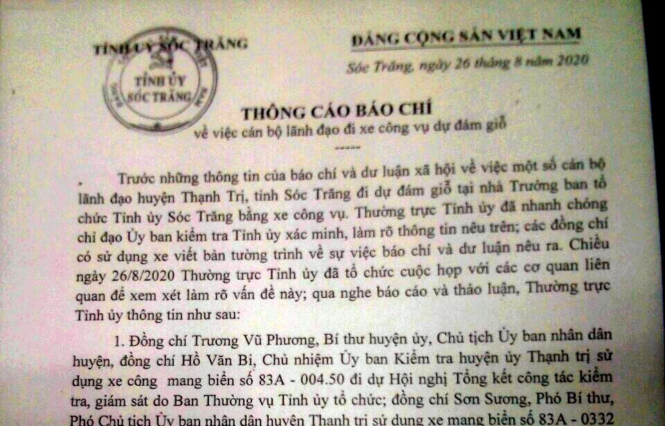 Thông cáo báo chí của Tỉnh ủy Sóc Trăng (ảnh Nhật Hồ)