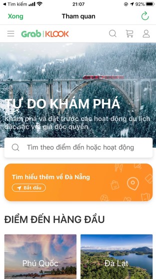 Trang chủ Grab với mục “Tham quan” và trang chủ của mục “Tham quan”. Ảnh Grab VN