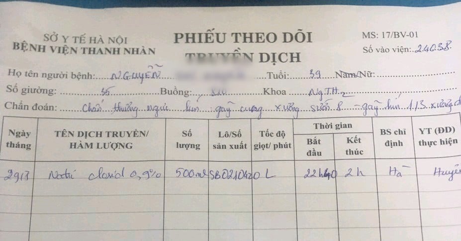 Phiếu theo dõi của chị H. tại bệnh viện. Ảnh: Gia đình nạn nhân cung cấp.
