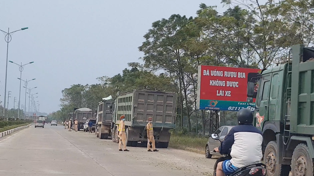 Khi PV Báo Lao Động cung cấp thông tin và thúc giục thì lực lượng chức năng xuất hiện và xử lý hàng loạt xe vận tải mang logo Thạch Anh, Trang Anh. Ảnh: Duy Thiên