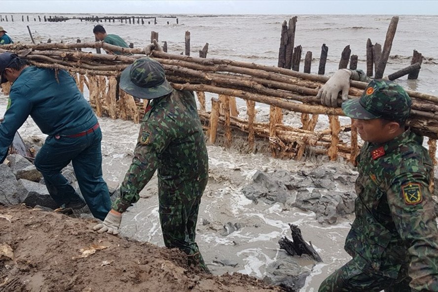 Các lực lượng chung sức khắc phục tình trạng sạt lở đê biển quốc phòng ở huyện An Minh (Kiên Giang) do mưa bão. Ảnh: PV