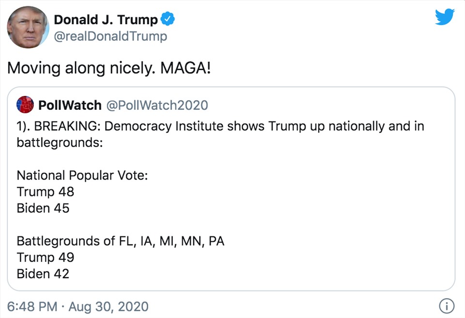 Ông Donald Trump viết trên Twitter đáp lại kết quả thăm dò.