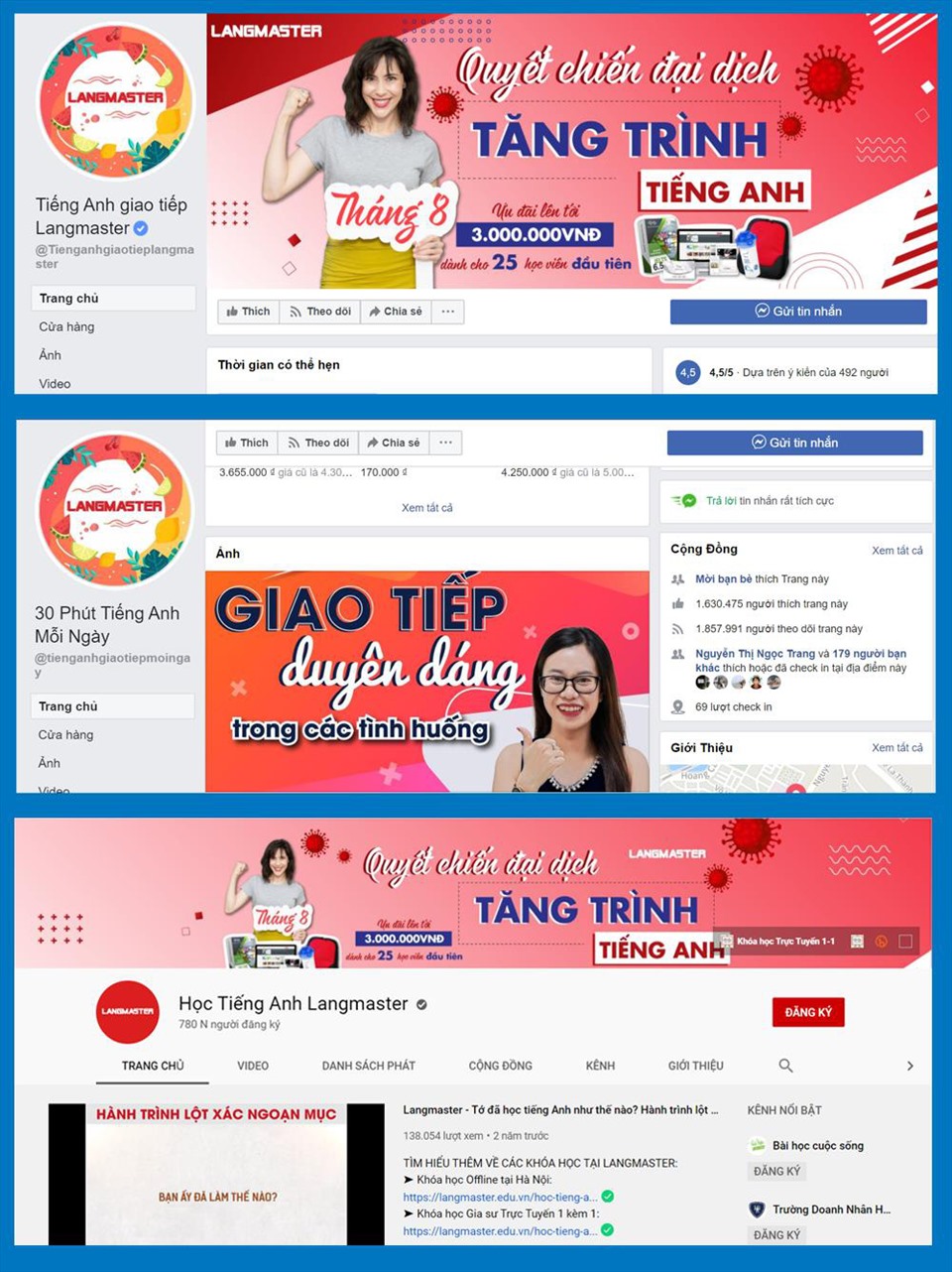Hiện tại, kênh Youtube “Học Tiếng Anh Langmaster” có 780 nghìn lượt đăng ký, còn trang Fanpage “Tiếng Anh giao tiếp Langmaster” có 2,6 triệu lượt theo dõi và Fanpage “30 Phút Tiếng Anh Mỗi Ngày” với gần 1,9 triệu lượt. Ảnh: CMH.