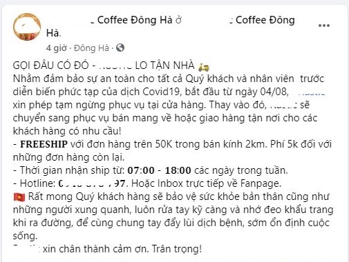Thông báo tạm ngưng phụ vụ tại của hàng trên fanpage một số quán cà phê tại TP Đông Hà