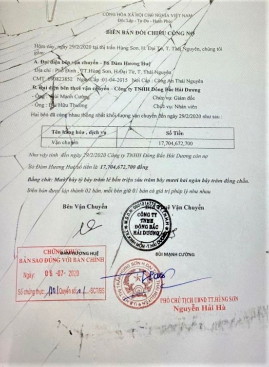 Biên bản đối chiếu công nợ của công ty Đông Bắc Hải Dương với bà Đàm Hương Huệ.