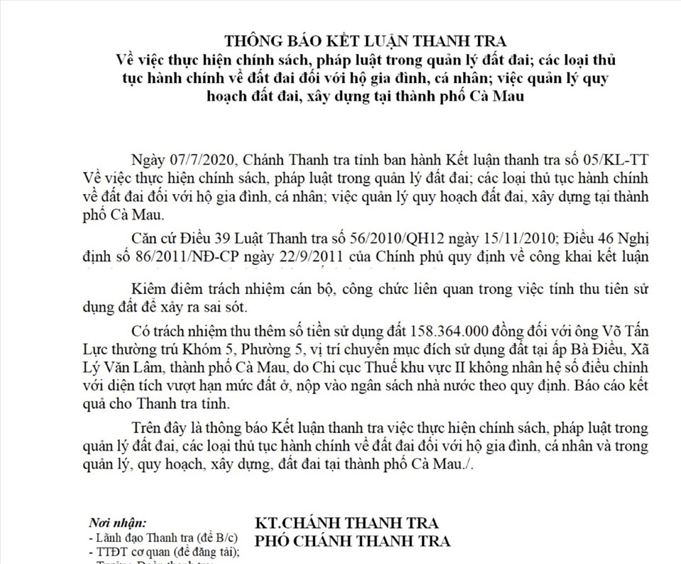 Thông báo kết luận thanh tra về những sai phạm trong quản lý đất đai tại Thành phố Cà Mau (ảnh Nhật Hồ)