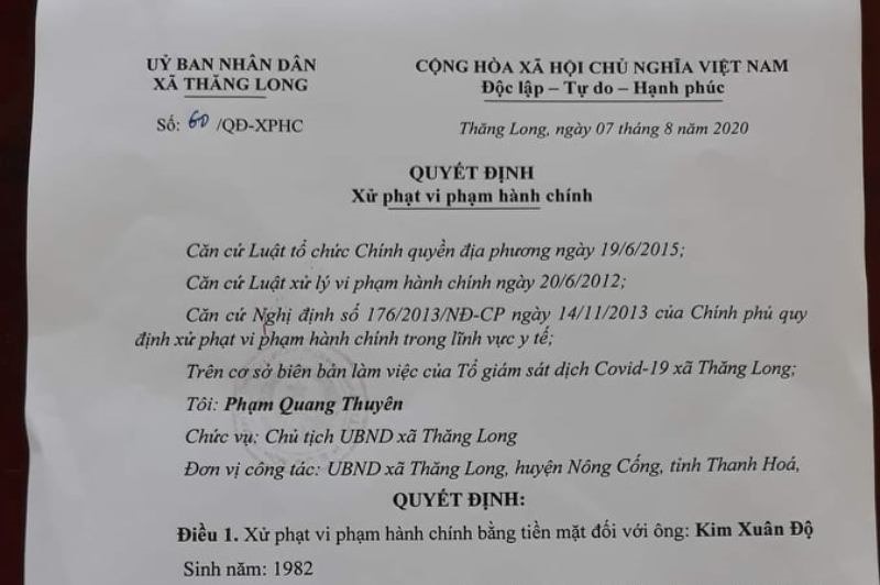 Quyết định xử phạt 2 triệu đồng đối với trường hợp từ Đà Nẵng về không ở nhà cách ly mà bỏ đi chơi. Ảnh: Q.D
