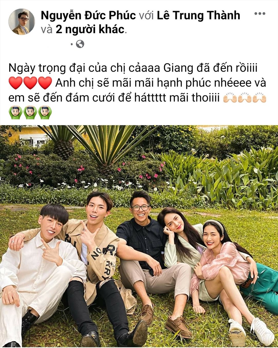 Đức Phúc chúc mừng Hoa hậu Hương Giang và hứa hẹn sẽ hát trong ngày vui của người chị thân thiết. Ảnh: FBNV.