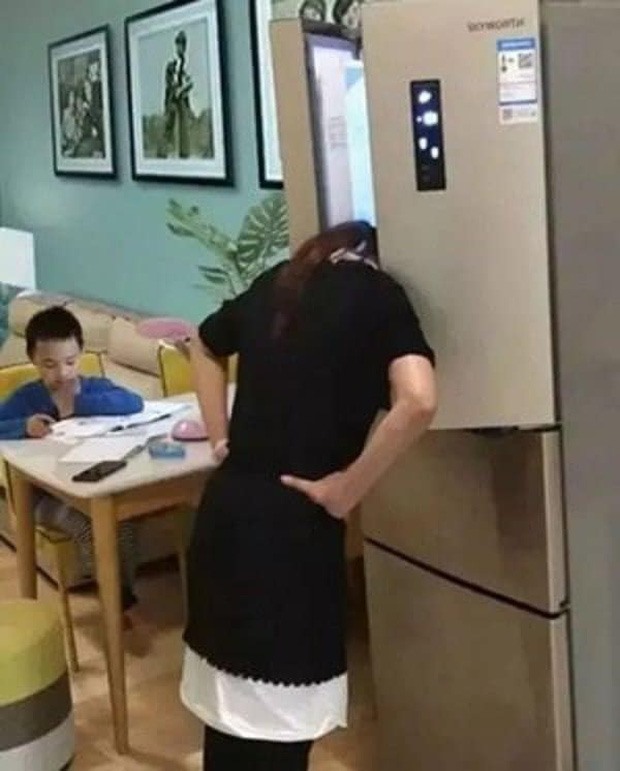 Một bà mẹ phải cho đầu vào...tủ lạnh để đỡ...bốc hoả khi dạy học cho con. Ảnh: Mạng xã hội.