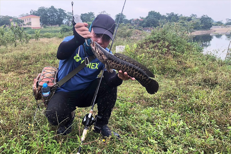 Cần thủ Nguyễn Ngọc Hải cùng con cá chuối hoa.