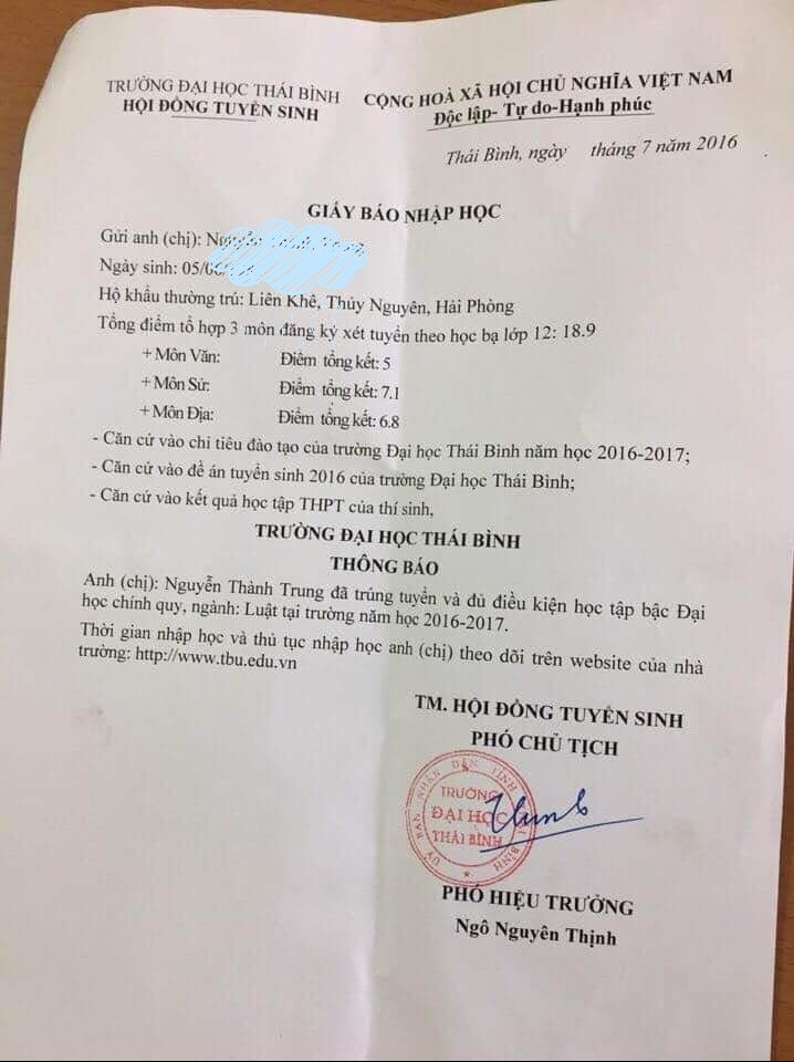 Giấy nhập học là hệ chính quy