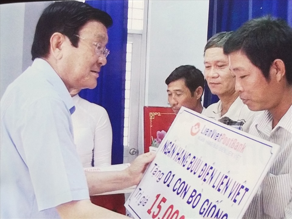 Nguyên Chủ tịch nước Trương Tấn Sang trao bò giống cho hộ nghèo. Ảnh: K.Q