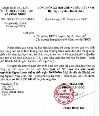 Công văn đề nghị mua sách của Sở Giáo dục Khoa học và Công nghệ Bạc Liêu (ảnh Nhật Hồ)