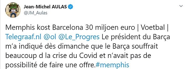 Dòng trạng thái tiết lộ của Chủ tịch Lyon. Ảnh: Twitter