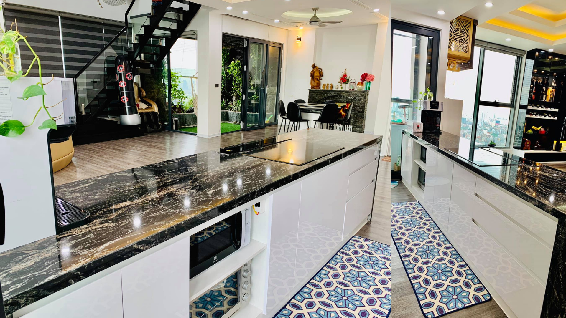 Bên cạnh chất liệu gỗ thì đá nhân tạo cũng được ưu ái. Mẫu đảo bếp này với thiết kế dài dài lớn, phù hợp với không gian rộng. Bếp, máy pha cafe và lò nướng được đặt lên, khiến đảo bếp phát huy tối đa tác dụng. Đồ họa: Đức Mạnh