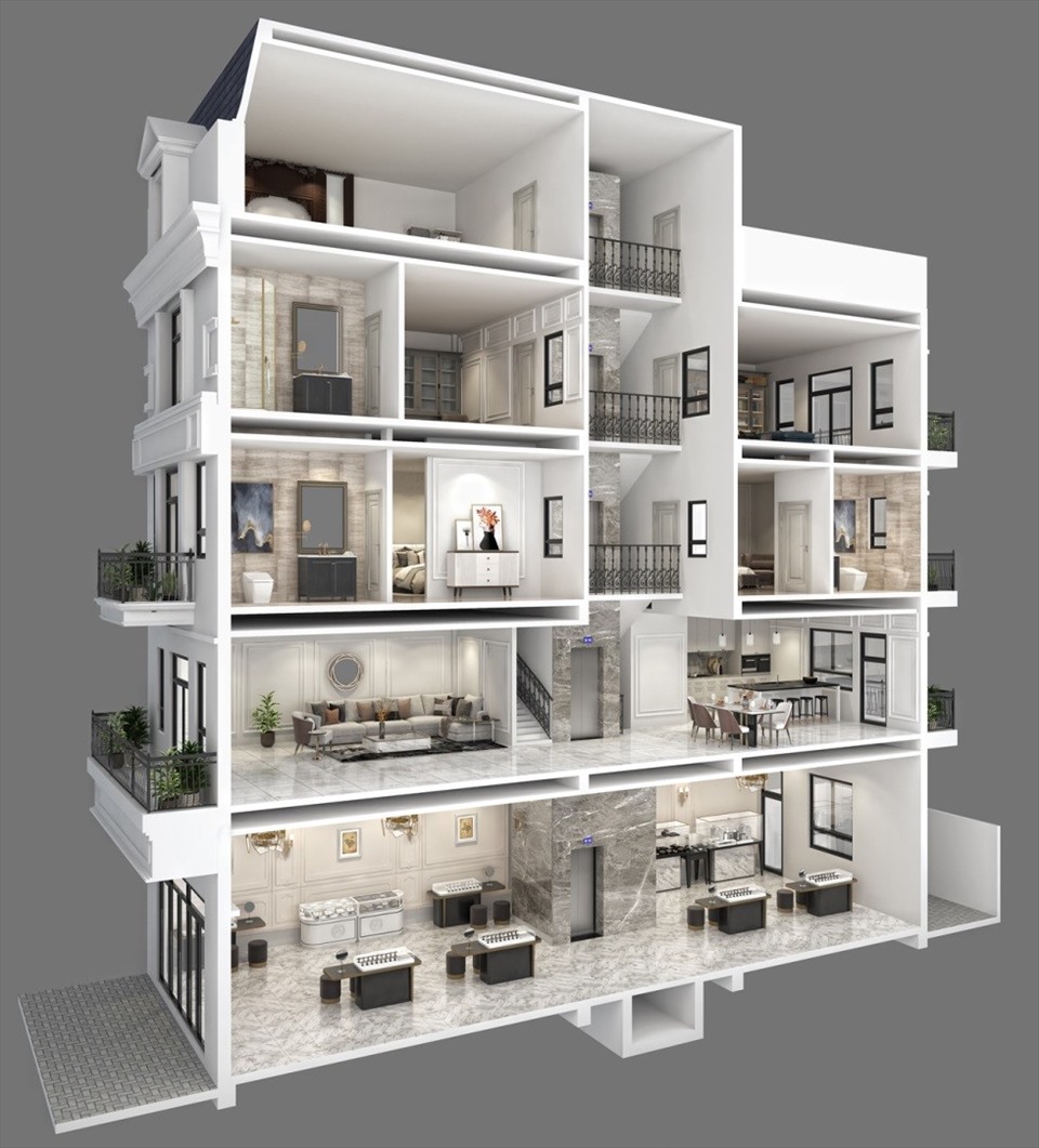 Nhà phố thương mại The Gallery thiết kế 5 tầng, tích hợp cả 2 chức năng: ở và kinh doanh, cho thuê