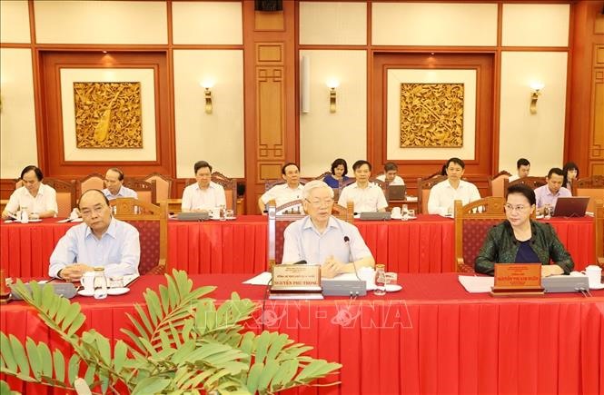 Tổng Bí thư, Chủ tịch nước Nguyễn Phú Trọng phát biểu chỉ đạo tại buổi làm việc với Ban Thường vụ Thành ủy Hà Nội. Ảnh: Trí Dũng/TTXVN