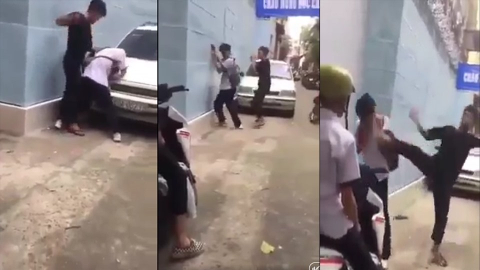 Nam sinh bị đánh trong hẻm gây xôn xao dư luận. (Ảnh chụp đoạn clip)