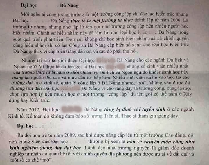 Một đoạn nội dung dèm pha các trường đại học cùng ngành học, trong lá thư gửi đến giáo viên chủ nhiệm và phụ huynh học sinh các trường PTTH ở Miền Trung (ảnh TL)
