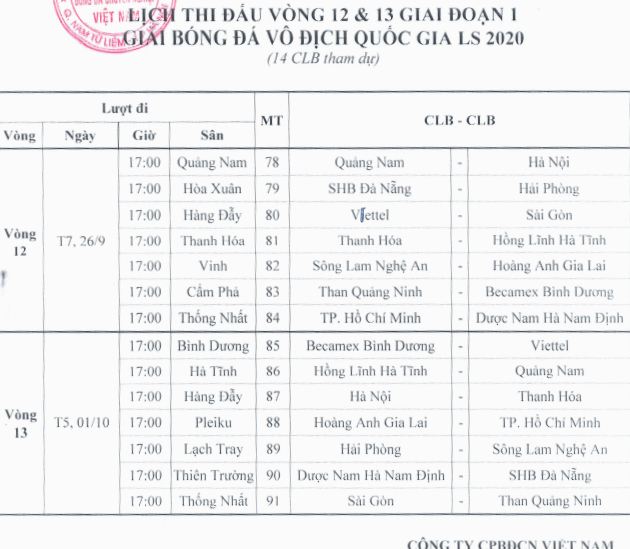Thông báo của VPF về lịch thi đấu vòng 12, 13 V.League 2020. Ảnh: VPF.