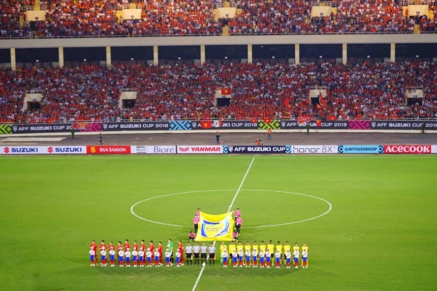 Sân Mỹ Đình trong lần đăng cai AFF Cup 2018. Đây là nơi chỉ đăng cai các trận bán kết và chung kết bóng đá nam SEA Games 31. Ảnh: Thuỷ Đặng