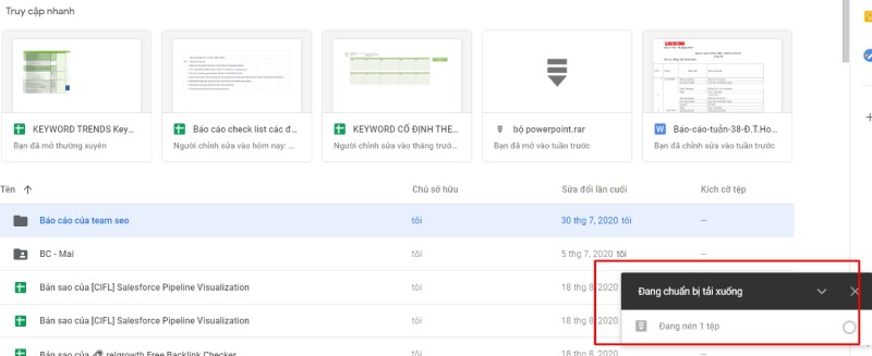 Các tệp từ Google Drive của bạn sẽ được tải vào máy tính dưới dạng tệp nén