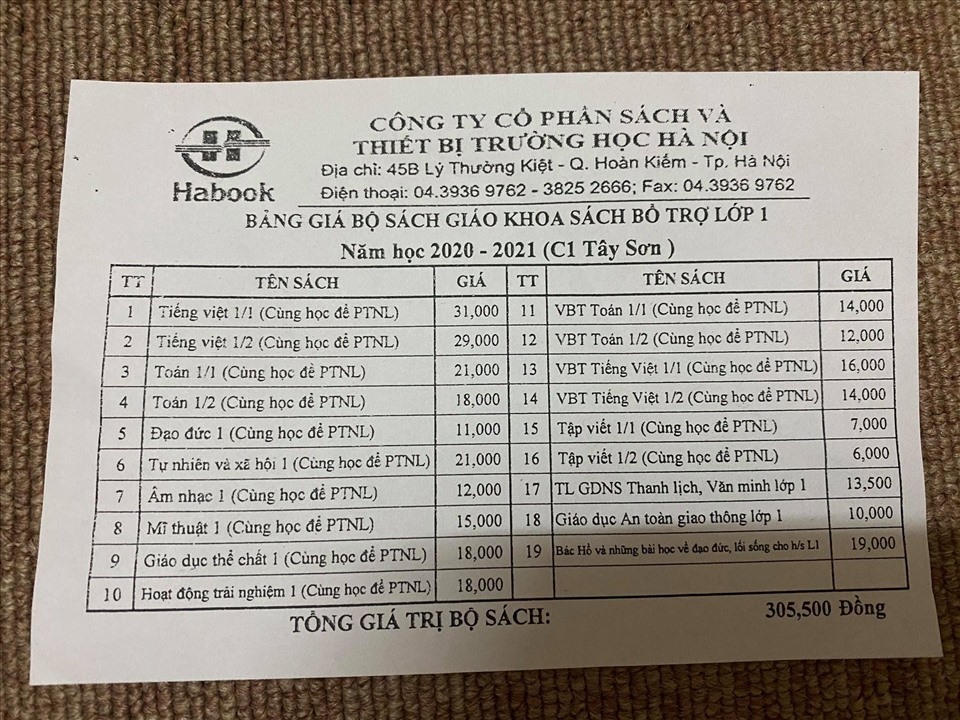 Phụ huynh Trường Tiểu học Tây Sơn (Hà Nội) cho biết họ phải mua bộ sách lớp 1 lên đến 19 cuốn. Trong bảng kê khai sách lớp 1, đơn vị phát hành “nhập nhèm” giữa sách giáo khoa và sách tham khảo