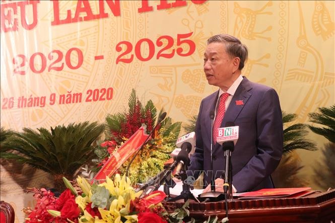 Đại tướng Tô Lâm, Ủy viên Bộ Chính trị, Bộ trưởng Bộ Công an phát biểu tại Đại hội. Ảnh: Thanh Thương/TTXVN