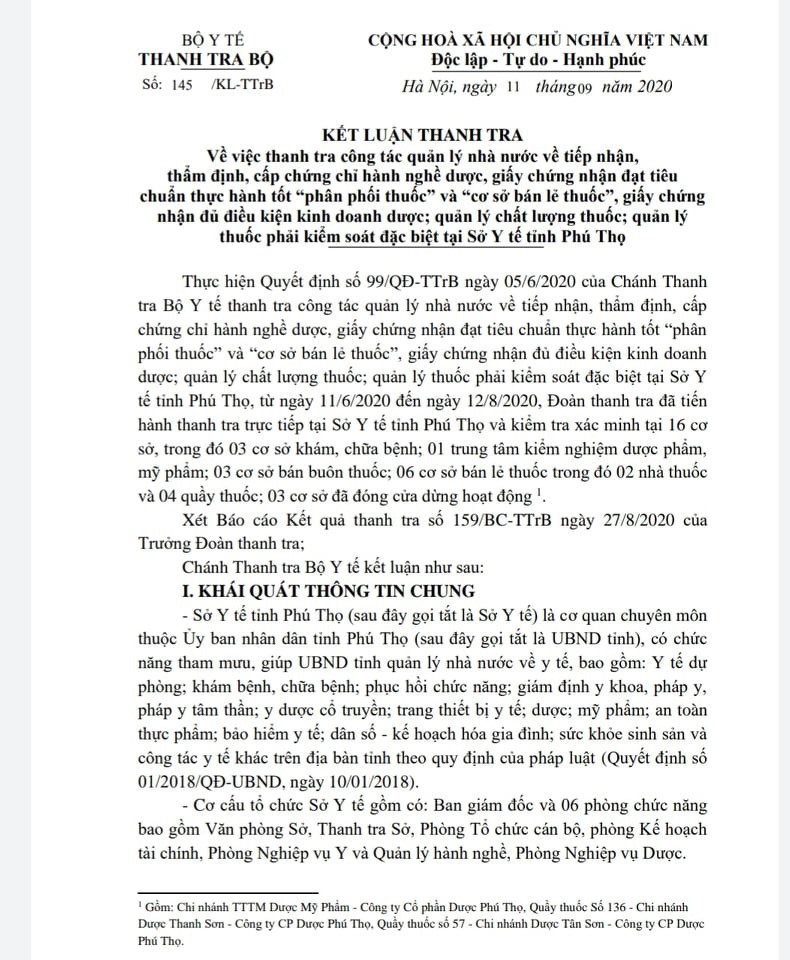 Kết luận Thanh tra của Thanh tra Bộ Y tế chỉ rõ những bất cập, vi phạm tại Sở Y tế tỉnh Phú Thọ.