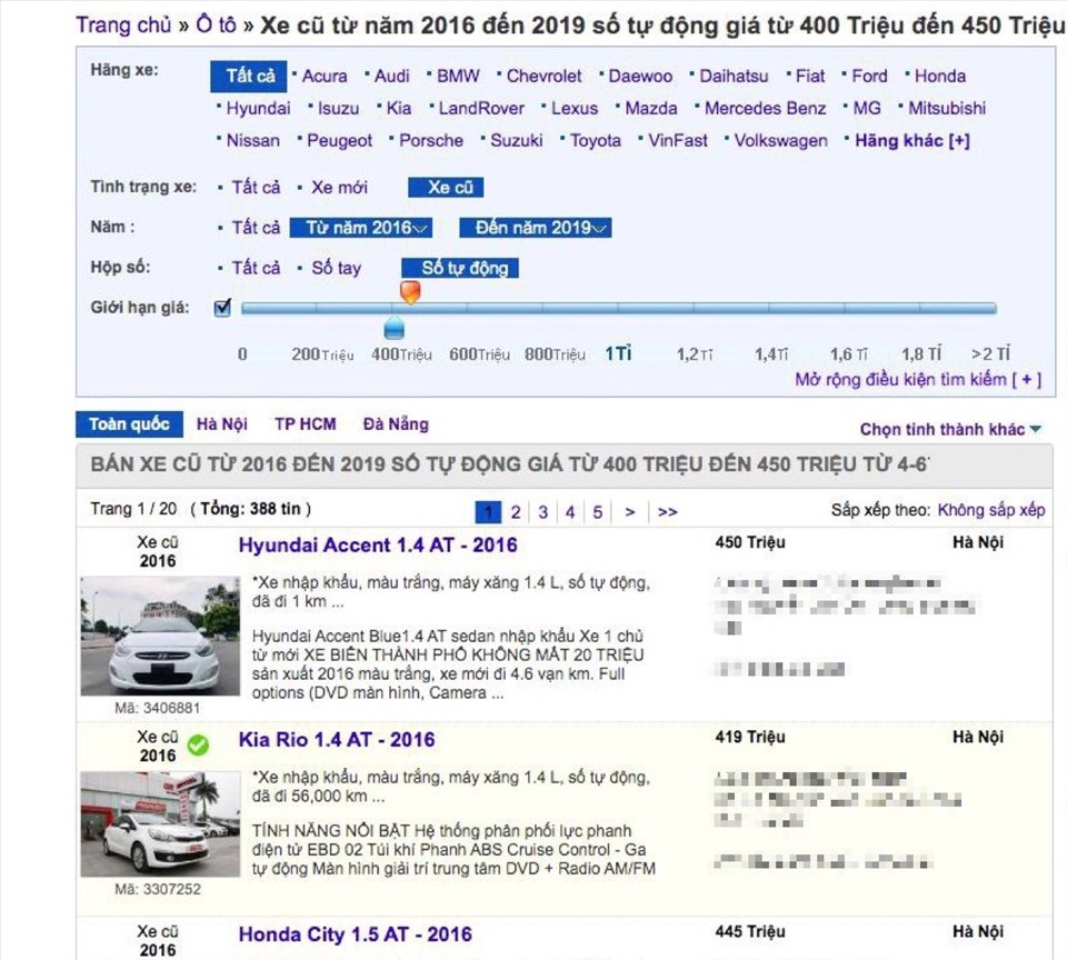 Kết quả tìm kiếm trên chuyên trang điện tử mua bán ôtô cho thấy nhiều xe ôtô cũ đang rao bán trong khoảng 400 - 450 triệu. Ảnh chụp màn hình.