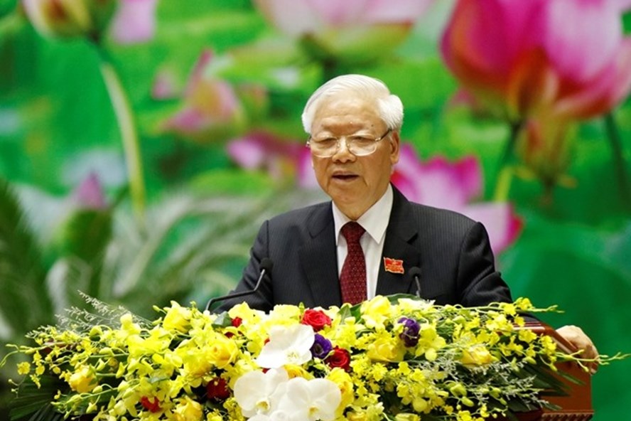 Tổng Bí thư, Chủ tịch Nước Nguyễn Phú Trọng - Bí thư Quân uỷ Trung ương phát biểu chỉ đạo tại Đại hội đại biểu Đảng bộ Quân đội lần thứ XI. Ảnh Phạm Cường.