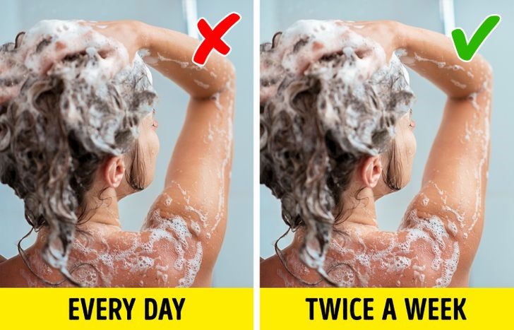 Sai lầm 3: Tắm và gội đầu hàng ngày Những người có mái tóc mỏng hoặc yếu nên tránh gội đầu hàng ngày. Thời gian tốt nhất là gội đầu hai lần một tuần để độ ẩm trên tóc được cân bằng. Ngoài ra, đừng quên rằng việc tắm quá thường xuyên sẽ làm da bị kích ứng và mất nước vì nước rửa sạch cả những vi khuẩn tốt. Điều này có thể làm tăng khả năng bị nhiễm trùng da.