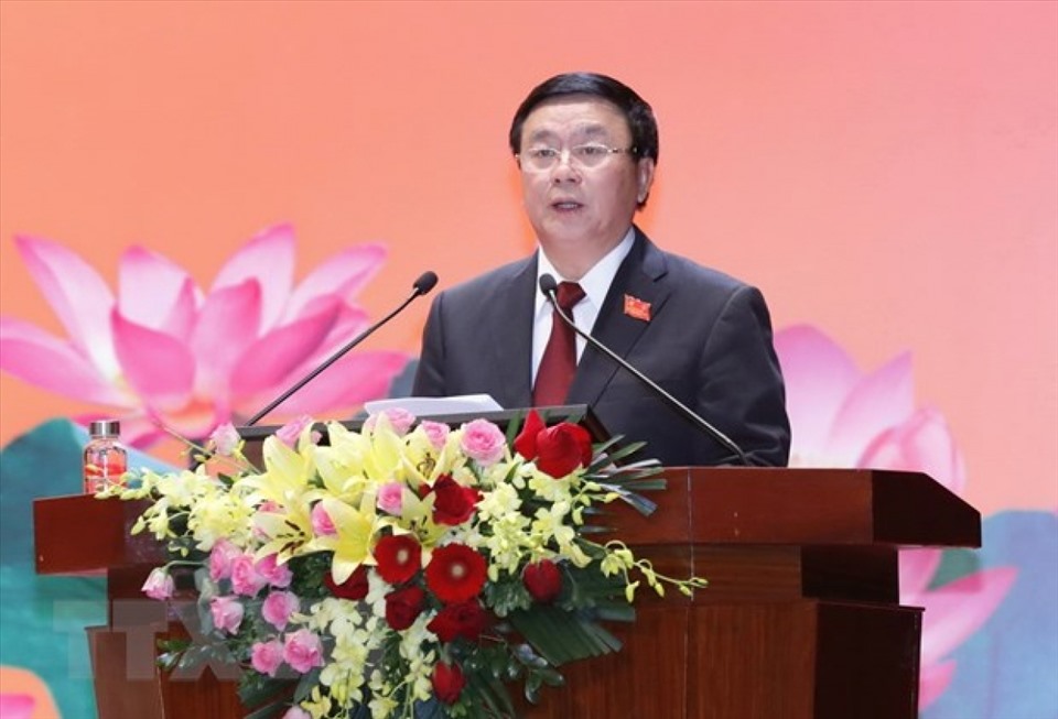 Giáo sư-tiến sỹ Nguyễn Xuân Thắng, Bí thư Trung ương Đảng, Giám đốc Học viện Chính trị quốc gia Hồ Chí Minh phát biểu. Ảnh: Doãn Tấn/TTXVN.
